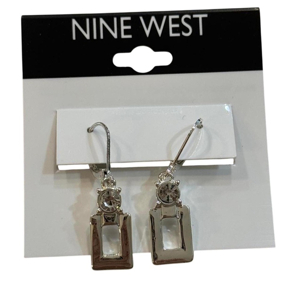 NWT Nine West Silver Tone‎ Rectangle Drop Earrings Rhinestone Dangle